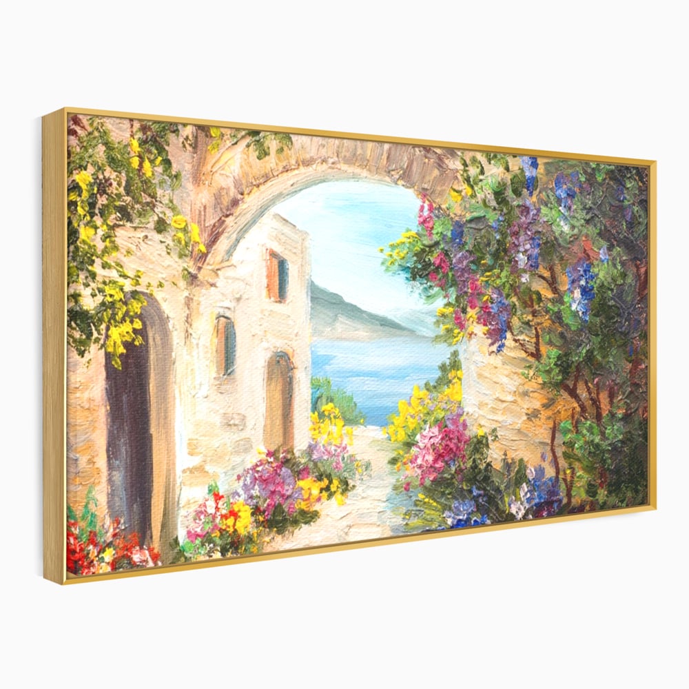 Tablou canvas cu pictura in ulei cu arcada de piatra si mare, in rama de aluminiu auriu